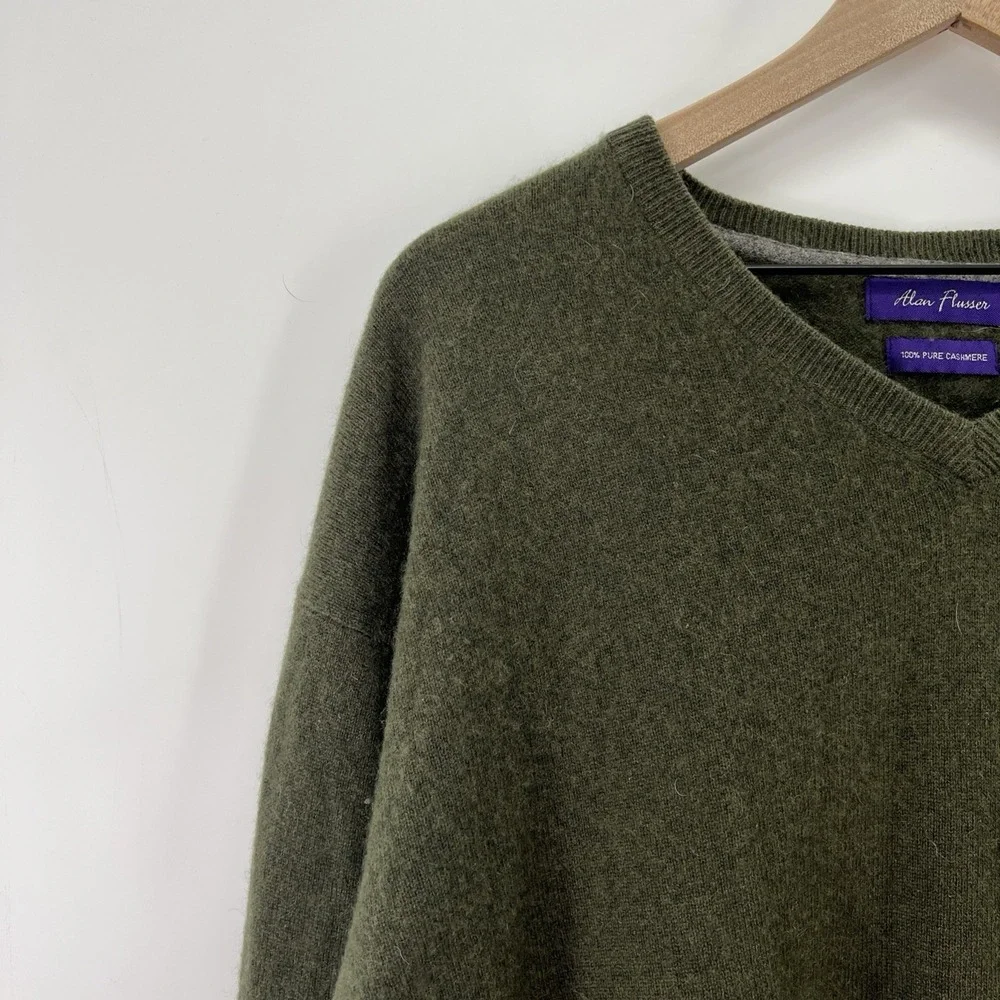 Alan Flusser Cashmere Sweater Men XL Green V Neck Preppy Hipster Old Money - Picture 3 of 11